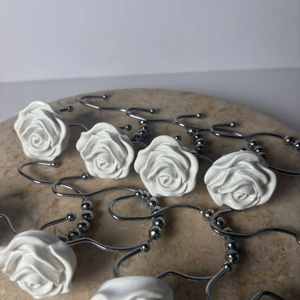 UO Rose Icon Shower Curtain Hooks Set of 12 White 3D Rose Flower‎ Shabby Chic